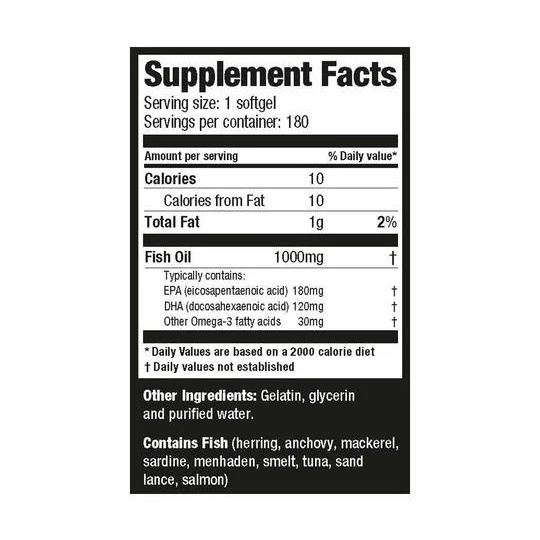 Viên uống dầu cá Omega 3 Ultimate Nutrition tăng cường sức khỏe tim, da, mắt, não, khớp và đường tiêu hóa (Lọ 180 viên)