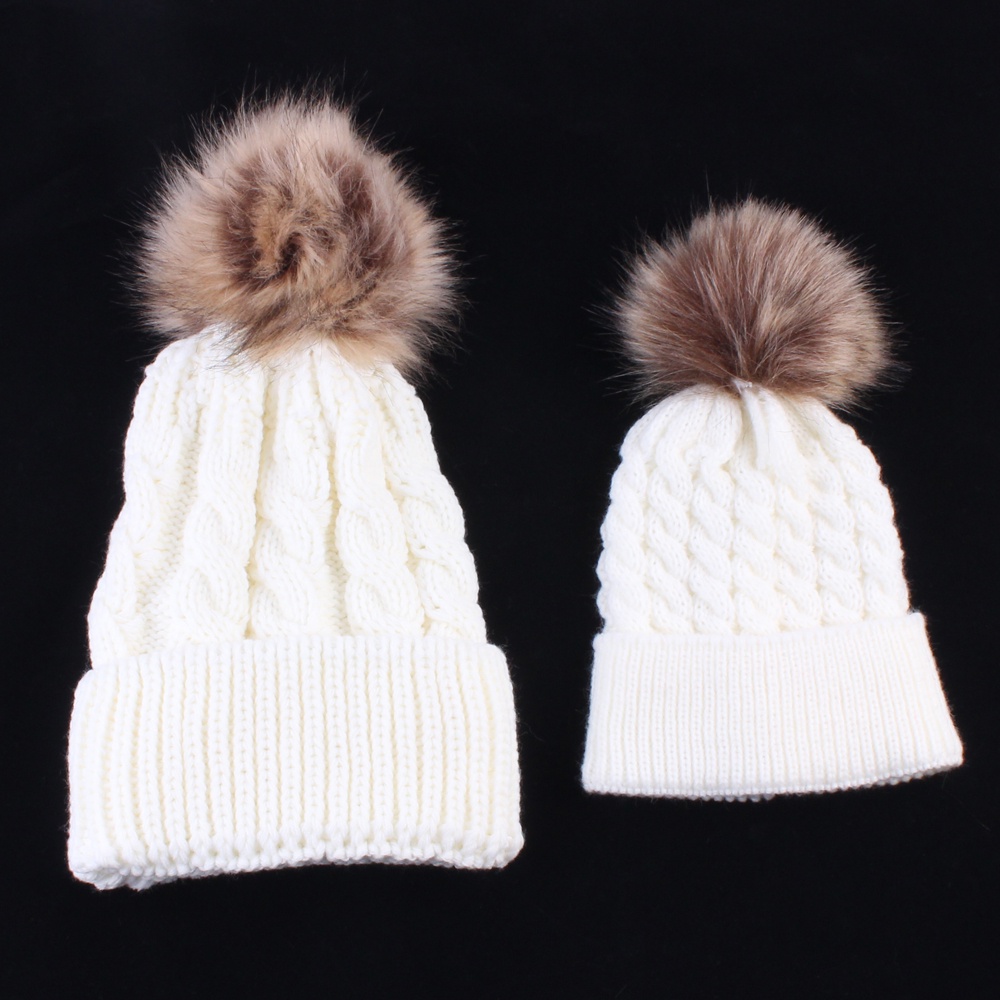Bộ 2 Mũ Beanie Dệt Kim Phối Bóng Lông Mềm Mại Giữ Ấm Mùa Đông Cho Mẹ Và Bé