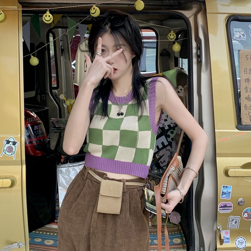 Happy-store ❤️ Áo croptop Dệt Kim không tay cổ tròn họa tiết sọc caro thời trang quyến rũ