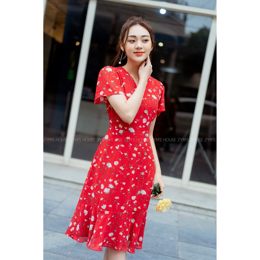 V1352 - Váy Đầm Voan Hoa Nhí Đỏ Đuôi Cá Thích Hợp Đi Chơi Đi Biển Hàng Thiết Kế Cao Cấp Chính Hãng Zym's House