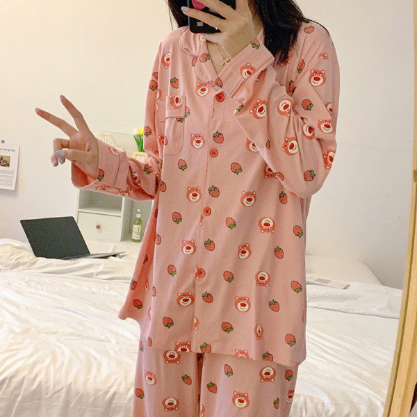 Bộ ngủ pijama dài tay thu đông mặt gấu siêu xinh