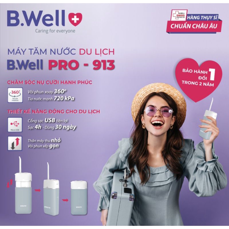Bwell 913 -Tăm nước B.Well cải tiến - Sạc 4 tiếng sử dụng 30 ngày - Mẫu mới 2021-