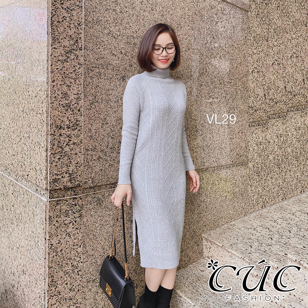 Váy đầm body len tăm cổ lọ dáng ôm co giãn cao cấp Cúc Fashion VL29 đầm váy len văn thừng