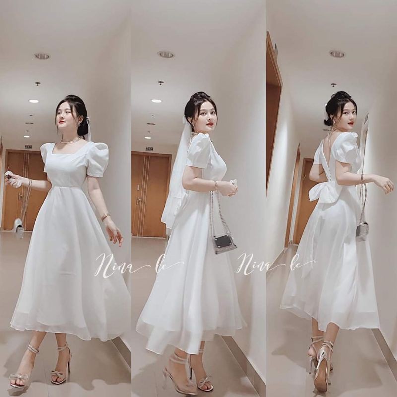 Váy trắng dự tiệc, váy cô dâu nơ lưng thắt nơ