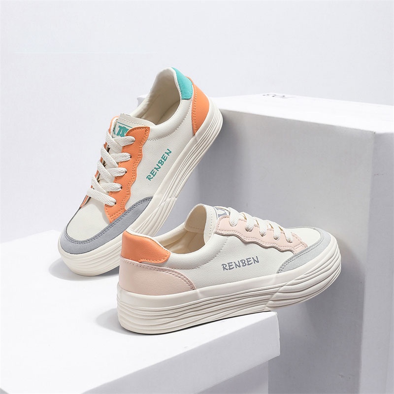 Giày thể thao RENBEN đế bằng thiết kế phối màu phong cách retro đơn giản cho nữ