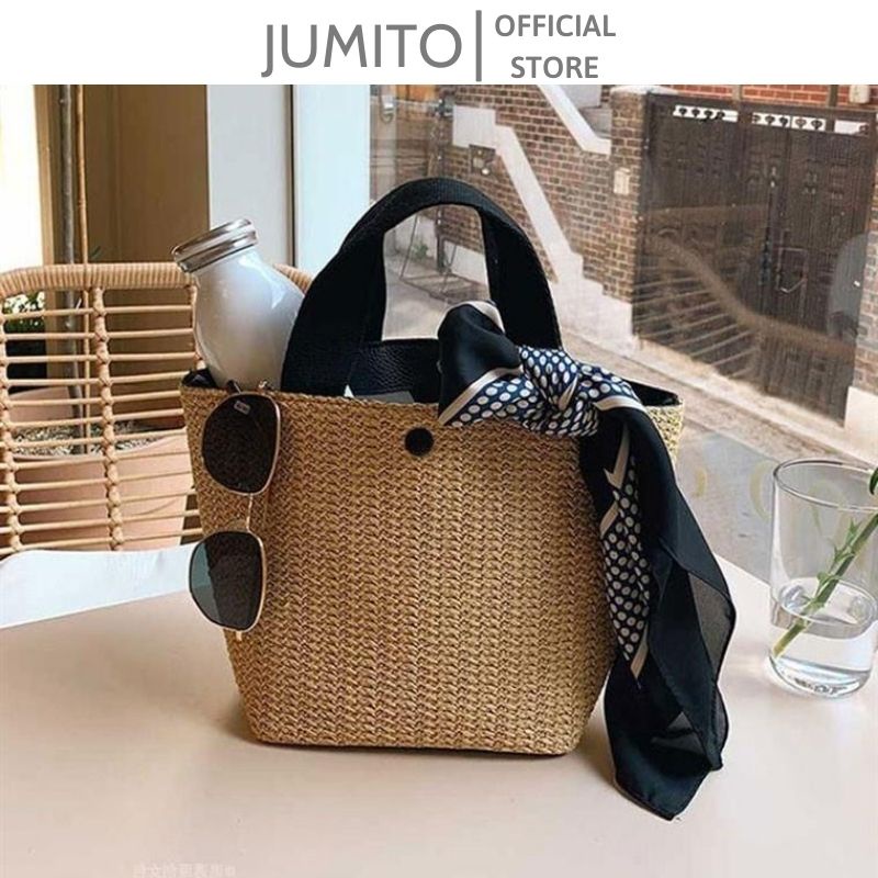 Túi xách nữ cói tote đi biển cầm tay size to vitage mẫu mới quai đen trắng JUMITO SF585