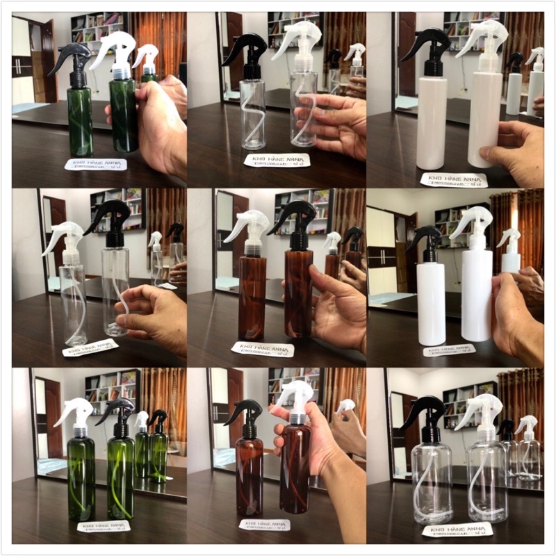 COMBO 10 Bình xịt nước phun sương 100ml/ 150ml/ 200ml- Chai nhựa Nâu/ trong suốt/  trắng đựng xịt khuẩn, xịt nước tưới