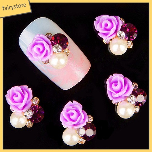 FS_10 Pcs 3D Rose Flower Nail Art Stickers Tips Studs Rhinestone Nail Decor Jewelry