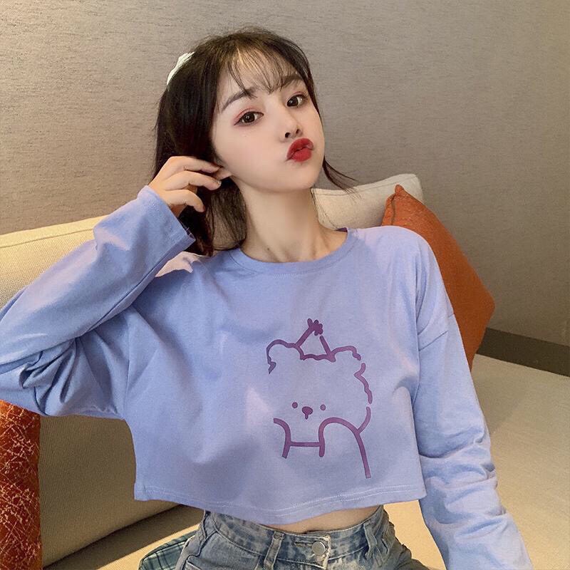 áo thun croptop form rộng tay dài in hình dễ thương 140