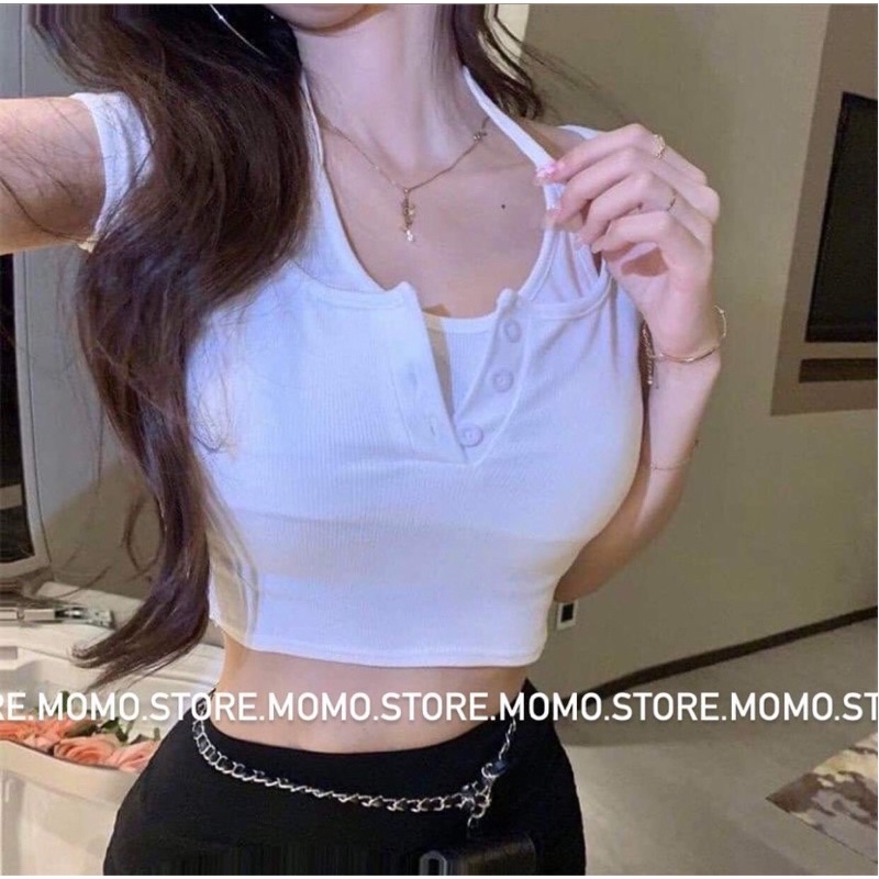 Áo croptop cổ yếm vạt bầu chất len tăm dầy dặn