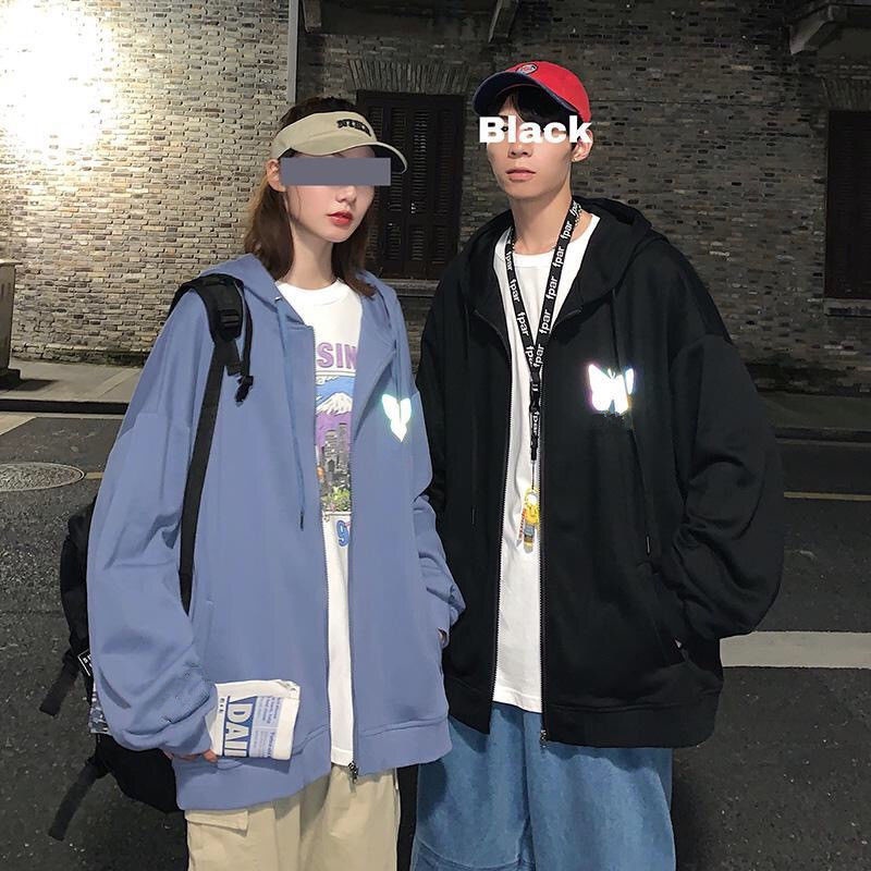 Áo Khoác Hoodie Dáng Rộng Phối Khóa Kéo Phản Quang Cá Tính Phong Cách Hàn Quốc Cho Cặp Đôi
