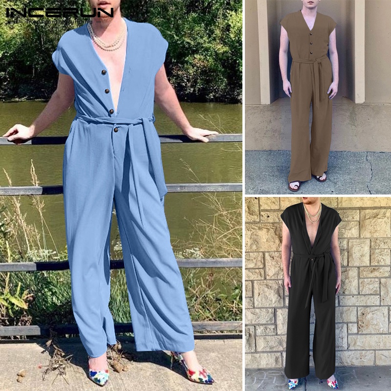 Bộ áo liền quần INCERUN cổ chữ v không tay cài nút thắt lưng thời trang mùa hè cho nam