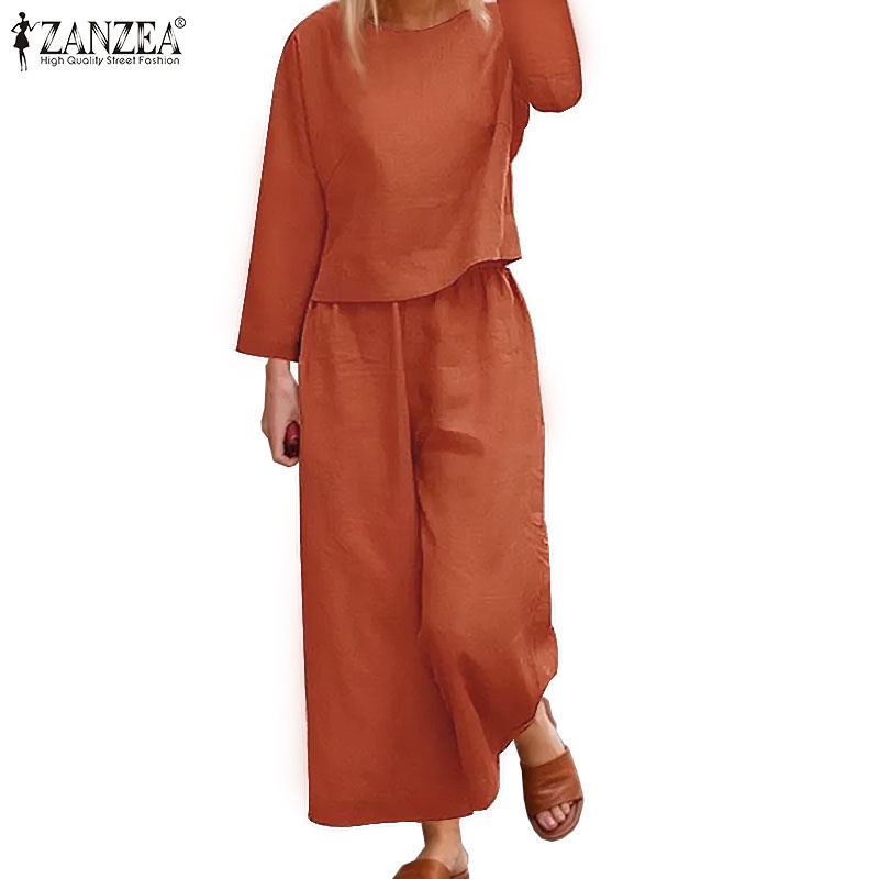 Bộ đồ ZANZEA áo cổ tròn tay dài quần ống rộng lưng co giãn thời trang cho nữ