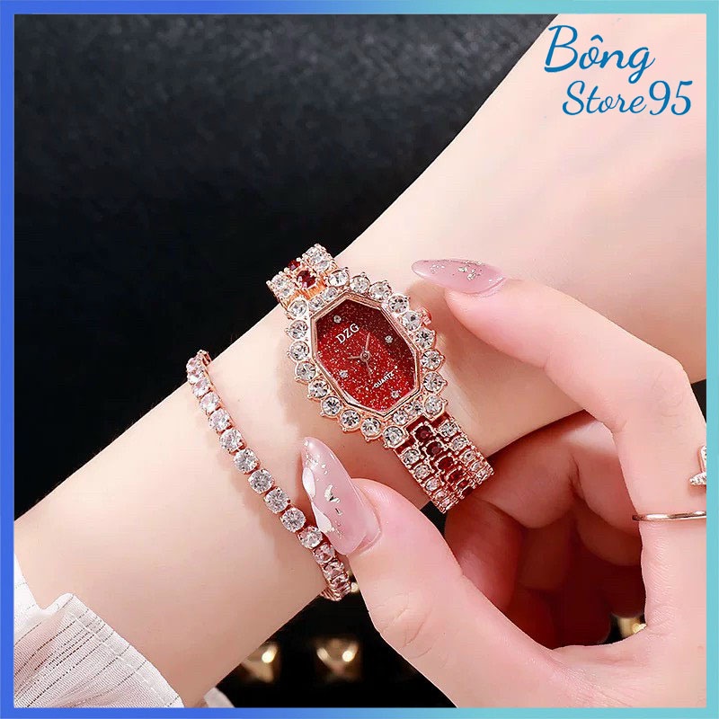 Đồng Hồ Nữ DZG Dây Kim Loại Đính Full Đá Thạch Anh Sang Trọng + Tặng Kèm Hộp