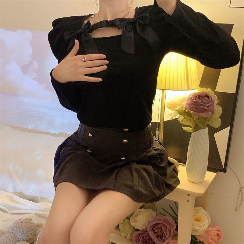 Áo dệt kim tay phồng màu trơn đính nơ thời trang xuân hè mới