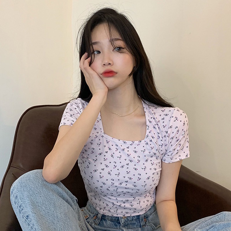 Áo Thun Croptop Ngắn Tay Cổ Vuông Form Ôm Thời Trang Cho Nữ