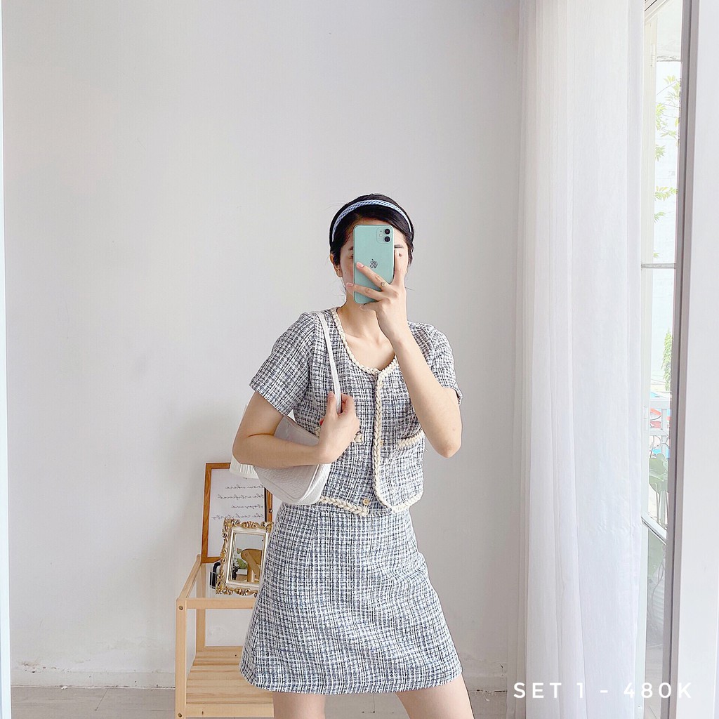 Set áo + chân váy dạ tweed thiết kế cao cấp Nhienvintage _SET1