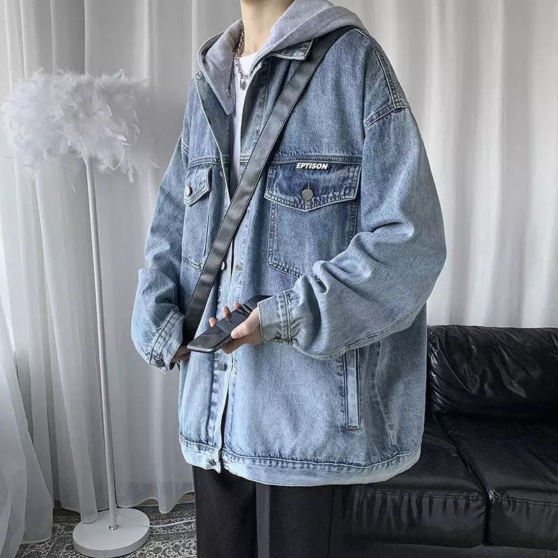 Áo Khoác Jeans Nam Nữ Denim Jacket Hàn Quốc phối nón màu xanh và đen