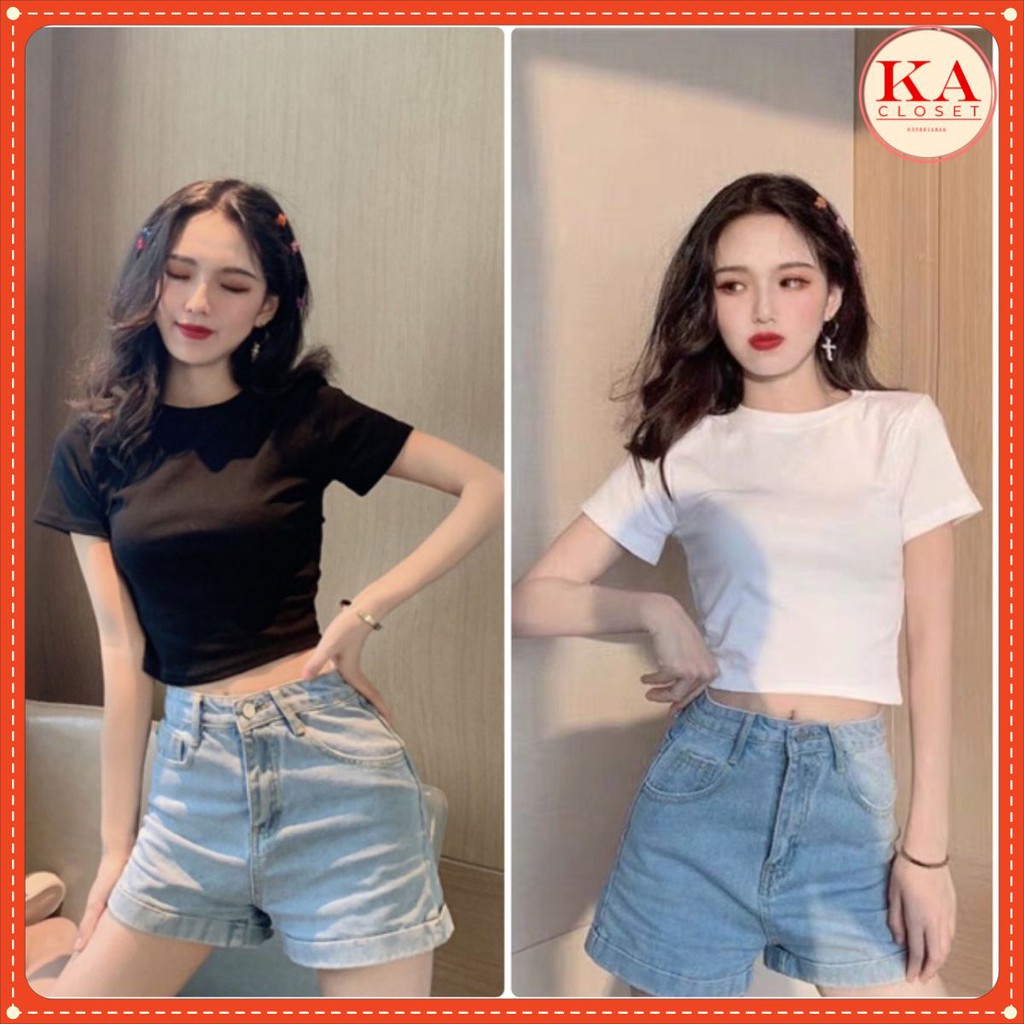 Áo croptop trơn KA Closet, chất zip cotton co dãn tốt, vải dầy, 2 màu Đen, Trắng, cổ tròn, ngắn tay