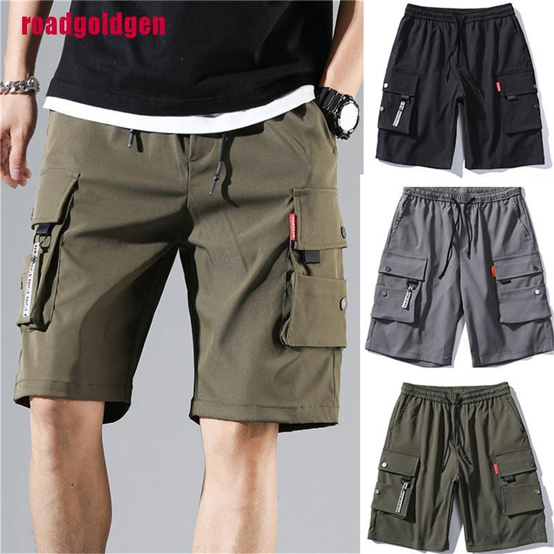 [rogoldVN]Mens Shorts Bermuda Cargo Multi-Pocket Pants Elastic Waist Knee Length Short