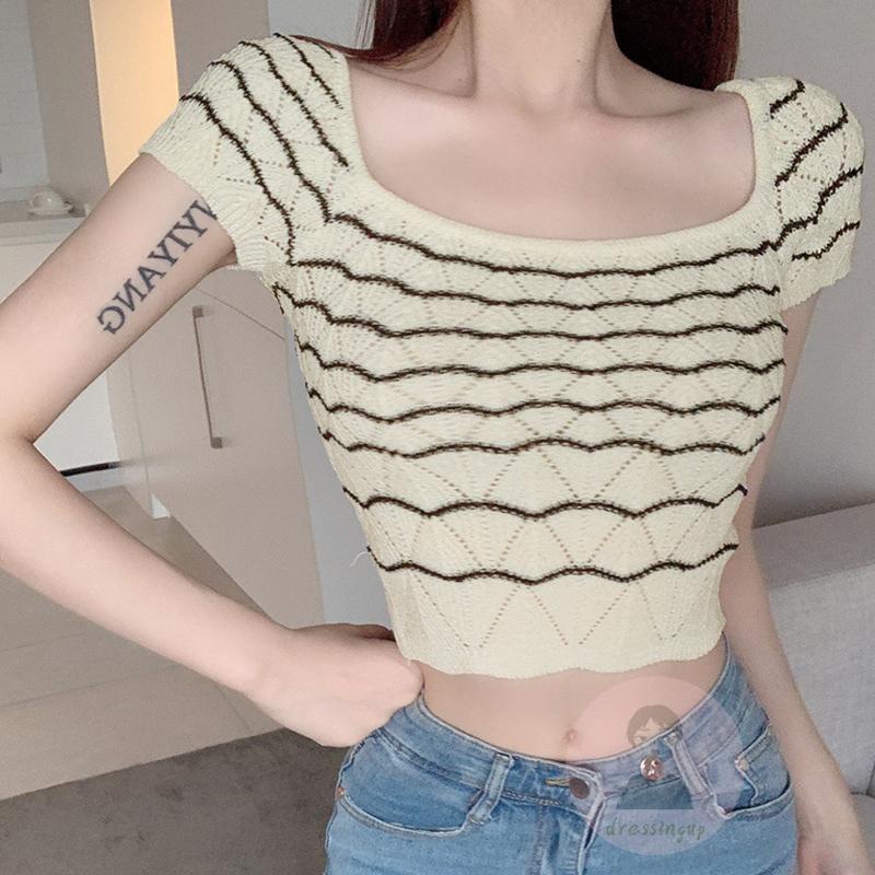 Áo Thun Tay Ngắn Cổ Vuông Họa Tiết Sọc Thời Trang Cho Nữ