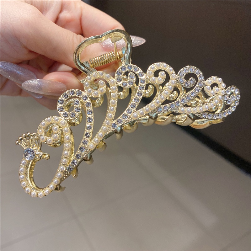 Kẹp gắp tóc bằng hợp kim hình chim công đính đá ngọc trai nhân tạo phong cách Hàn Quốc