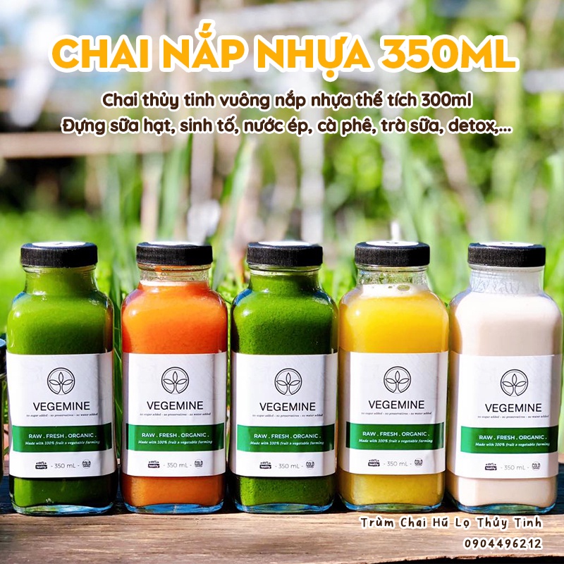 Chai thuỷ tinh vuông nắp nhựa 350ml, 500ml  - Đựng nước ép, sinh tố, trà sữa, sữa hạt,...