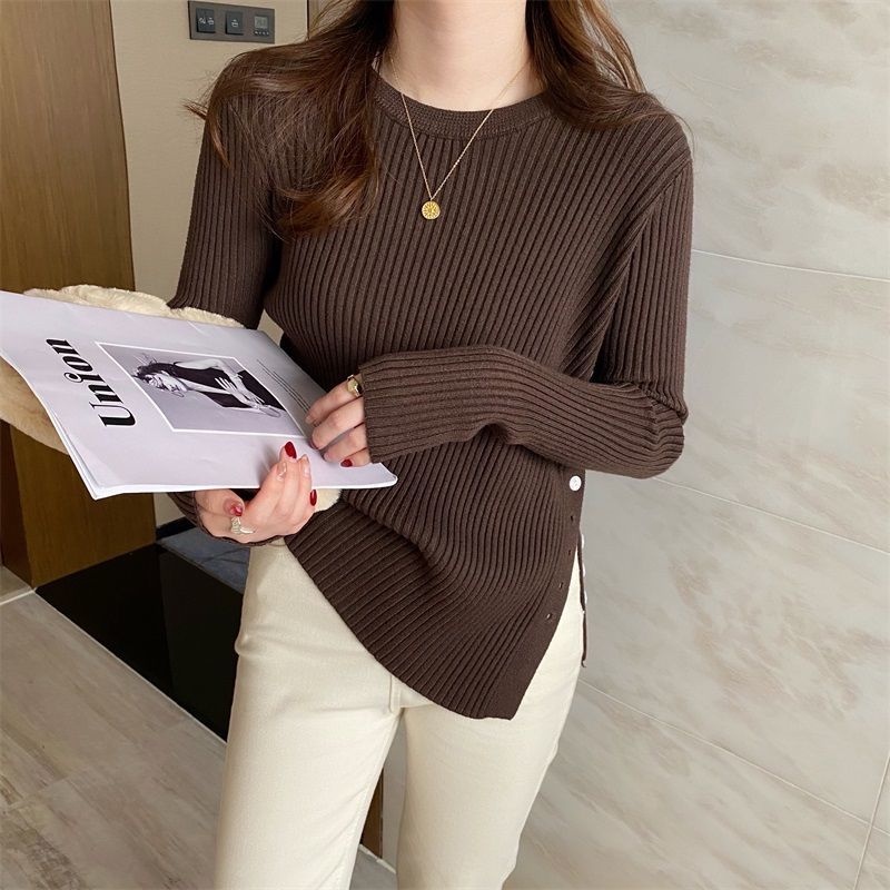 【ZHELIHANGFEI】Áo Sweater Dệt Kim Thiết Kế Xẻ Tà Phong Cách Phương Tây