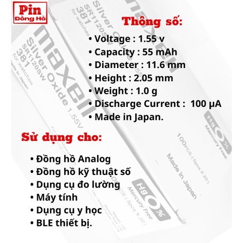Pin 1120 Maxell SR1120SW Vàng 1 vỉ 5 viên. Pin sr1120 dùng cho cmos, thiết bị điện tử, pin đồng hồ, bảng mạch điện
