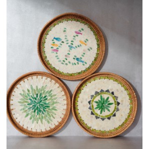 Khay TRòn Khảm trai MIX Mây tre Đan hoa văn bắt mắt