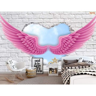 Tranh dán quán cafe trà sữa 3d tranh dán tường đôi cánh thiên thần in Vải Lụa