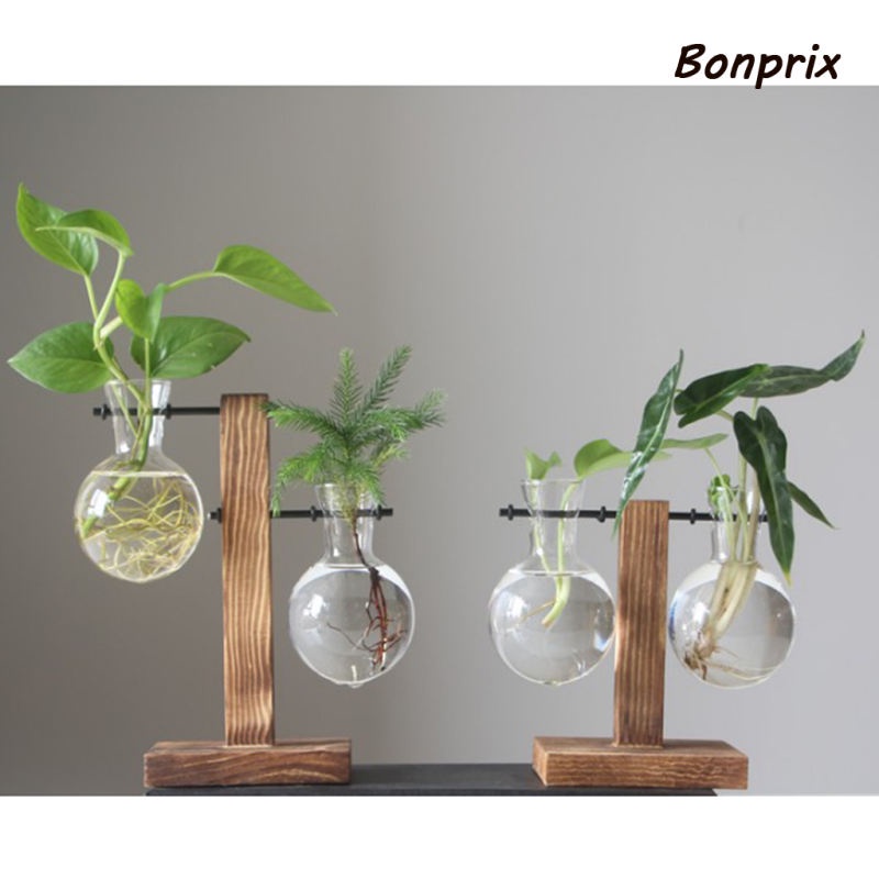 Bình Hoa Thủy Tinh Kèm Giá Đỡ Bằng Gỗ Dùng Trang Trí 1 Bình Hoa