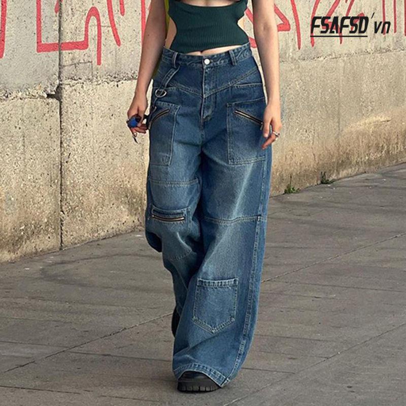Quần Jean Nữ Lưng Cao Ống Đứng Nhiều Túi Phong Cách Âu Mỹ