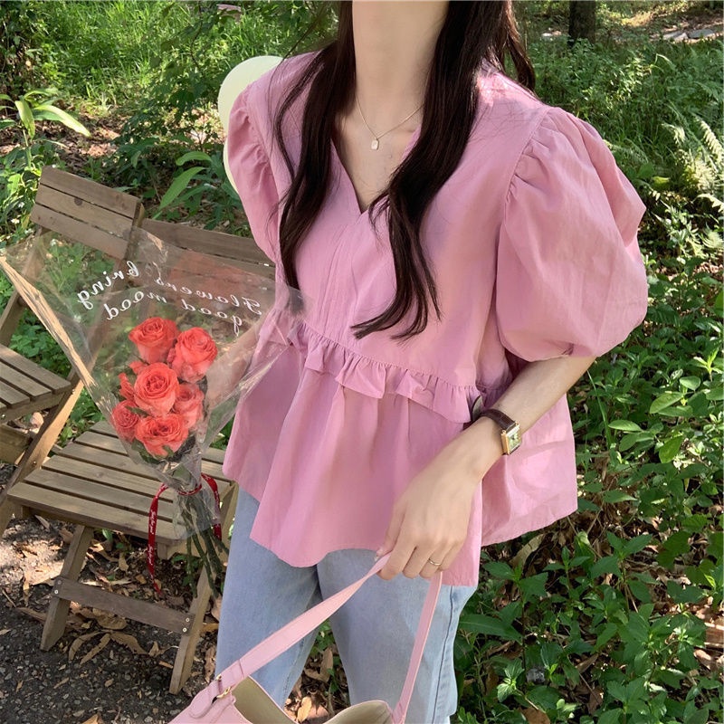 Áo Kiểu Tay Phồng Cổ Chữ V Dáng Rộng Thiết Kế Ngọt Ngào Thời Trang Mùa Hè Mới Cho Nữ