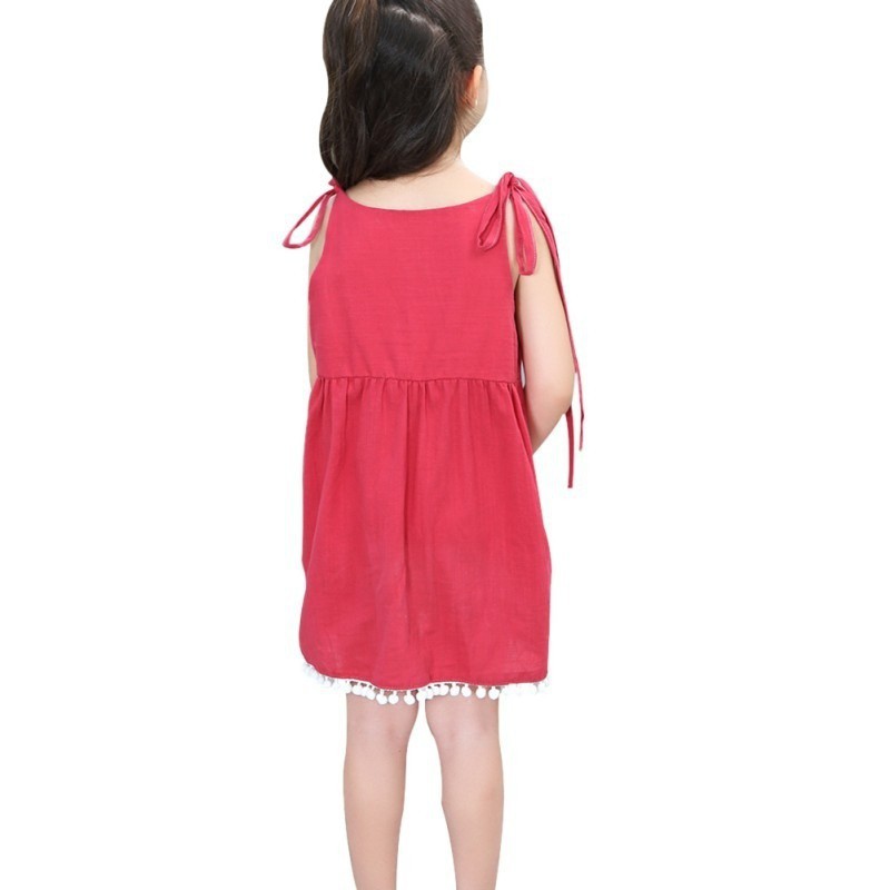 Đầm công chúa cotton đỏ có ren bông vải dưới chân váy cho bé gái