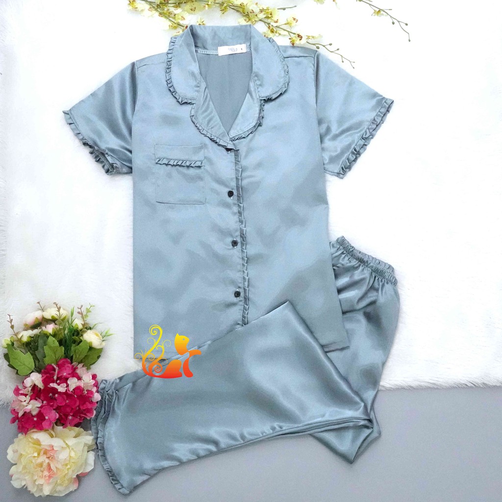 Đồ Mặc Nhà Pijama Phi Lụa " Viền Bèo " Quần Dài Cao Cấp - Dưới 60kg.