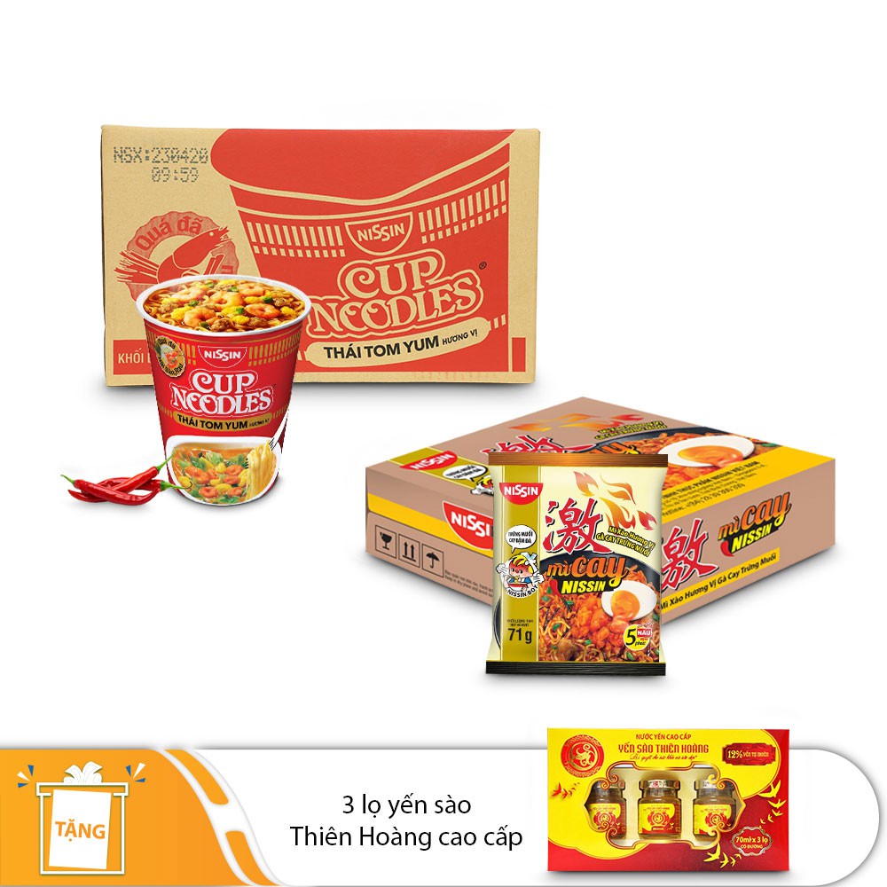 2Thùng Mì Ly Tomyum, Thùng Mì Xào Gà Cay Trứng Muối Nissin Nhật Bản