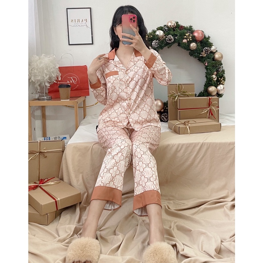 Bộ mặc nhà Pyjama lụa cao cấp Tea Store tay dài quần dài họa tiết chữ C 3 màu