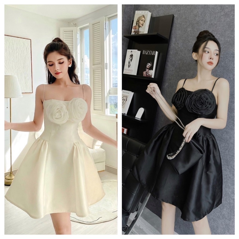 VÁY/ĐẦM DỰ TIỆC HAI DÂY CÚP NGỰC ÔM MAY GẮN 2 HOA TRƯỚC CHÂN VÁY XOÈ NGANG ĐÙI SANG CHẢNH HOT