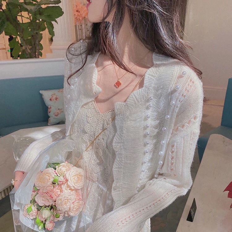 Áo Khoác Cardigan Dệt Kim Mỏng Màu Trắng Đính Hạt Thời Trang Mùa Hè Cho Nữ