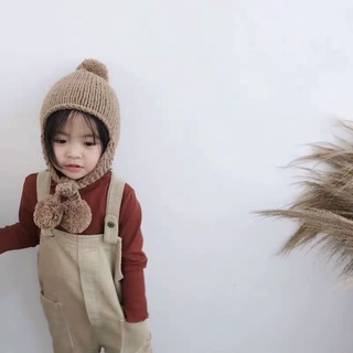 Mũ len 2 quả bông cho bé, mũ len che tai
