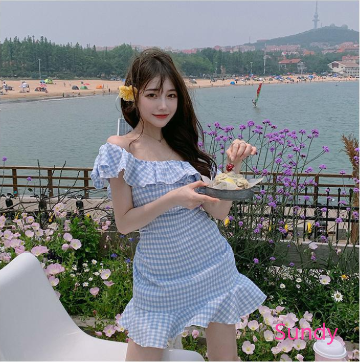 Đầm hở vai nhún bèo thời trang phong cách Hàn Quốc cho nữ