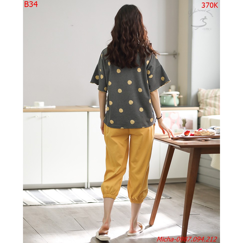 Bộ cotton quần lỡ chun gấu vàng xám hình thỏ - Micha B34