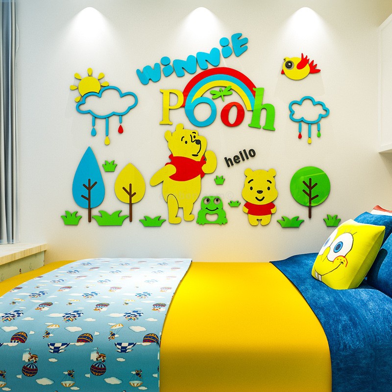 Tranh dán tường mica 3d decor khổ lớn winnie the pooh dưới mưa trang trí mầm non, phòng cho bé Nhiều Size - EPeBen