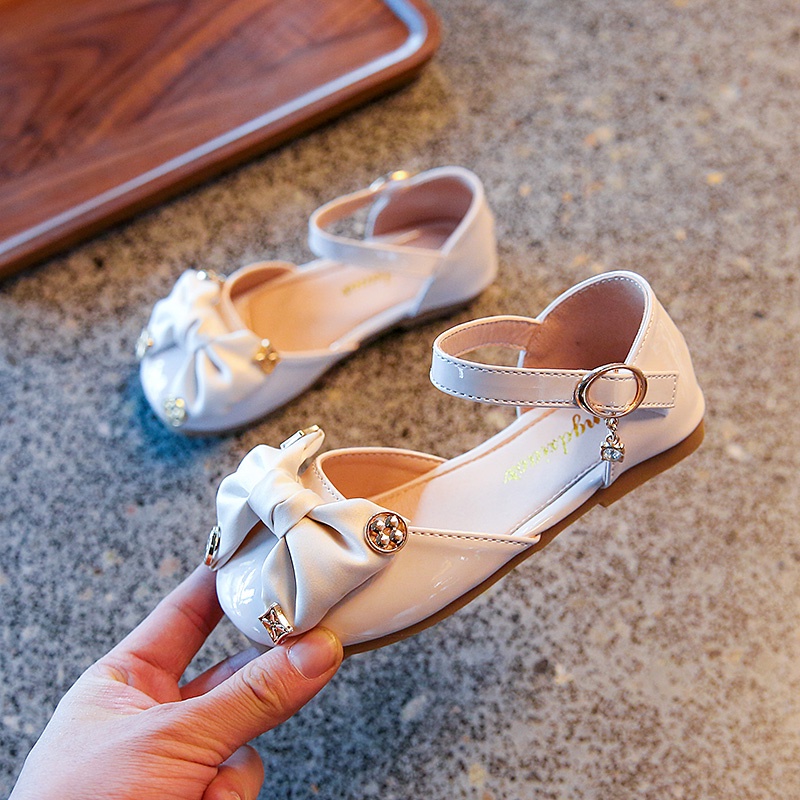 Xăng đan Da Đế Bằng Phối Nơ Thanh Lịch Cho Bé Gái 3-16 Tuổi