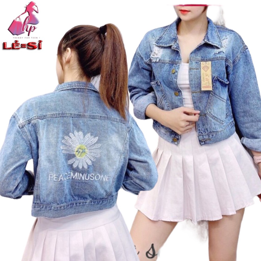 Áo khoác jeans áo khoác jean nữ lửng cao cấp dáng ngắn thêu hoa cúc tay dài  kiểu mới đẹp 2021