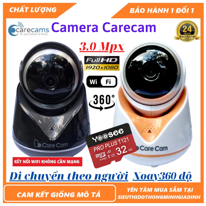 Camera wifi Carecam 18Y5-3.0Mpx-1920x1080p,hình ảnh,hồng ngoại siêu nét,giảm ngược sáng,công nghệ Ai + Kèm Thẻ Nhớ