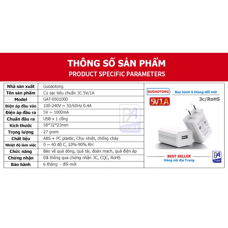 Củ Sạc Tiêu Chuẩn 5V/1A - Hàng Best Seller Nội Địa Trung
