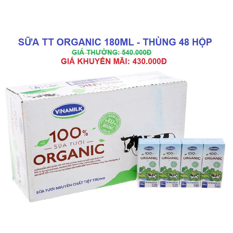 Sữa tươi tiệt trùng Vinamilk 100% Organic không đường 180ml  - Thùng 48 hộp