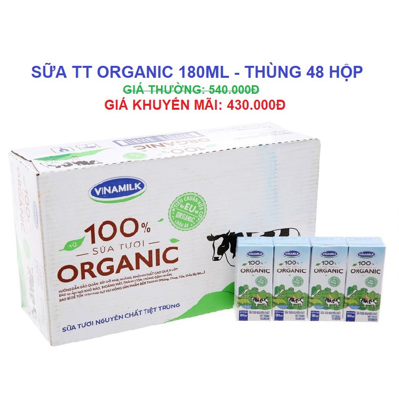 Sữa tươi tiệt trùng Vinamilk 100% Organic không đường 180ml - Thùng 48 hộp